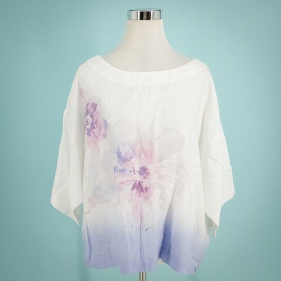 J. Jill Size Medium M Pure Jill Linen Floral Print Scoop Short Elbow Sleeve Top - Picture 1 of 7